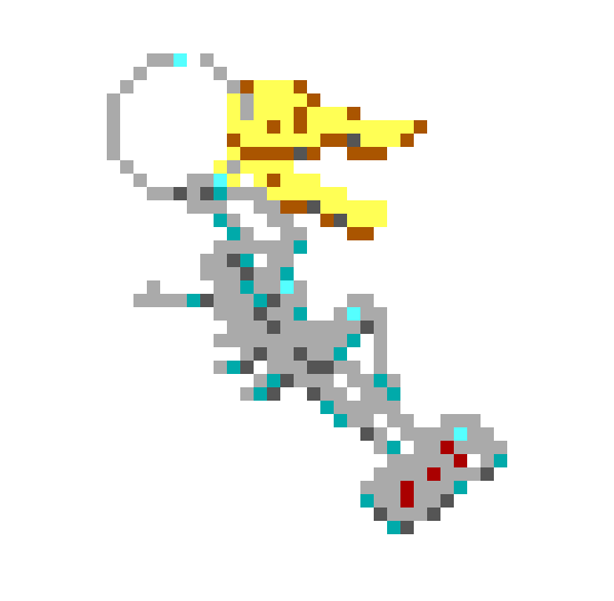 Low-resolution pixel art with vibrant colors depicting two keys. Attached to the keys is a metal keyring of a stripper.