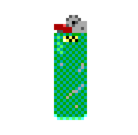 Low-resolution pixel art with vibrant colors depicting a green Bic lighter with scratches on it.