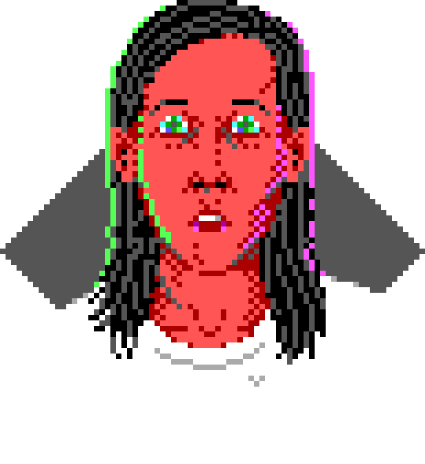 Low resolution, vibrabtly colored pixel art of a person from the neck up. They have long dark hair, and neon light highlighting the sides of their face. They are making direct eye contact with the viewer, and look very concerned.